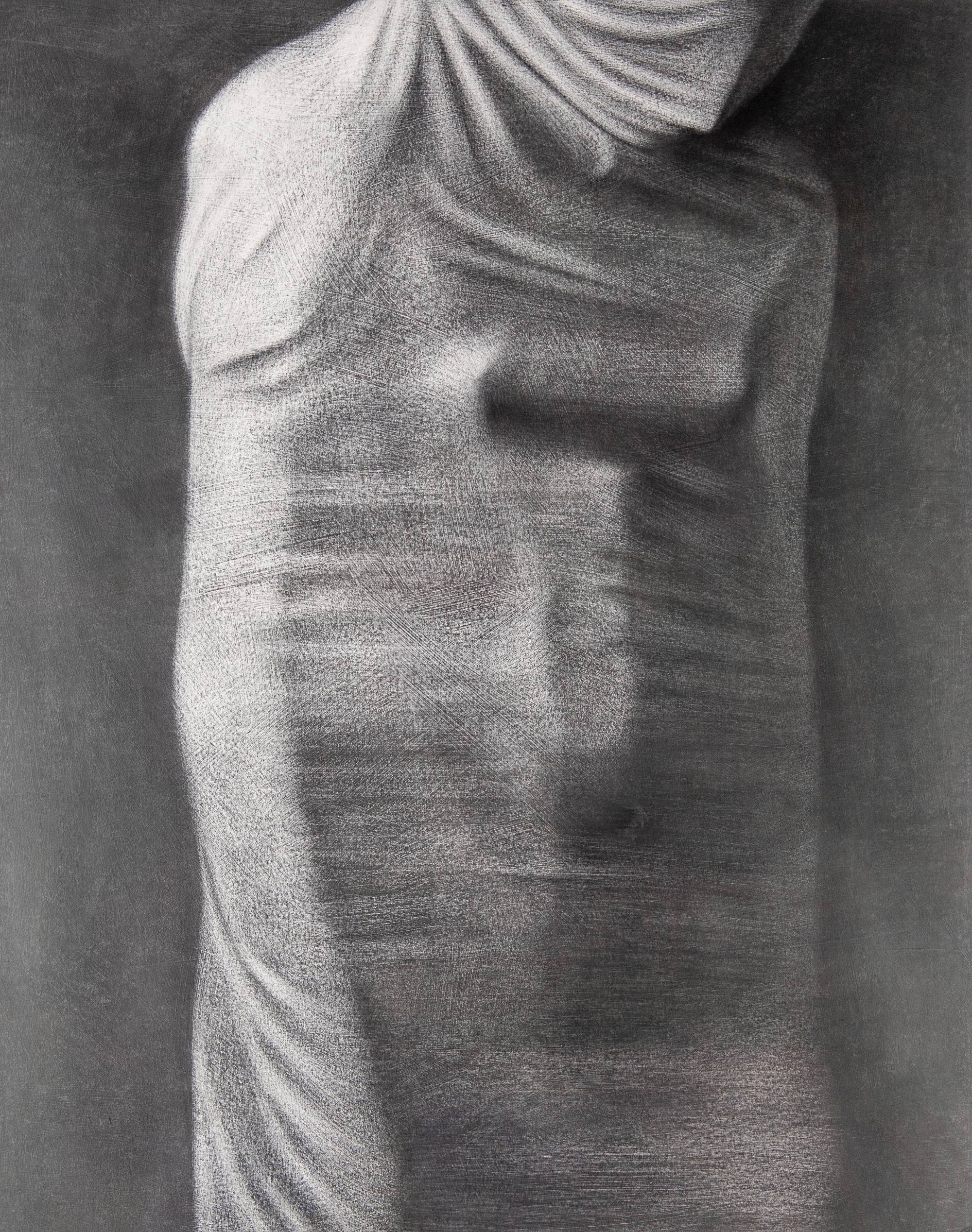 Black and white drawing of the outline of a body wrapped tightly in a sheet.